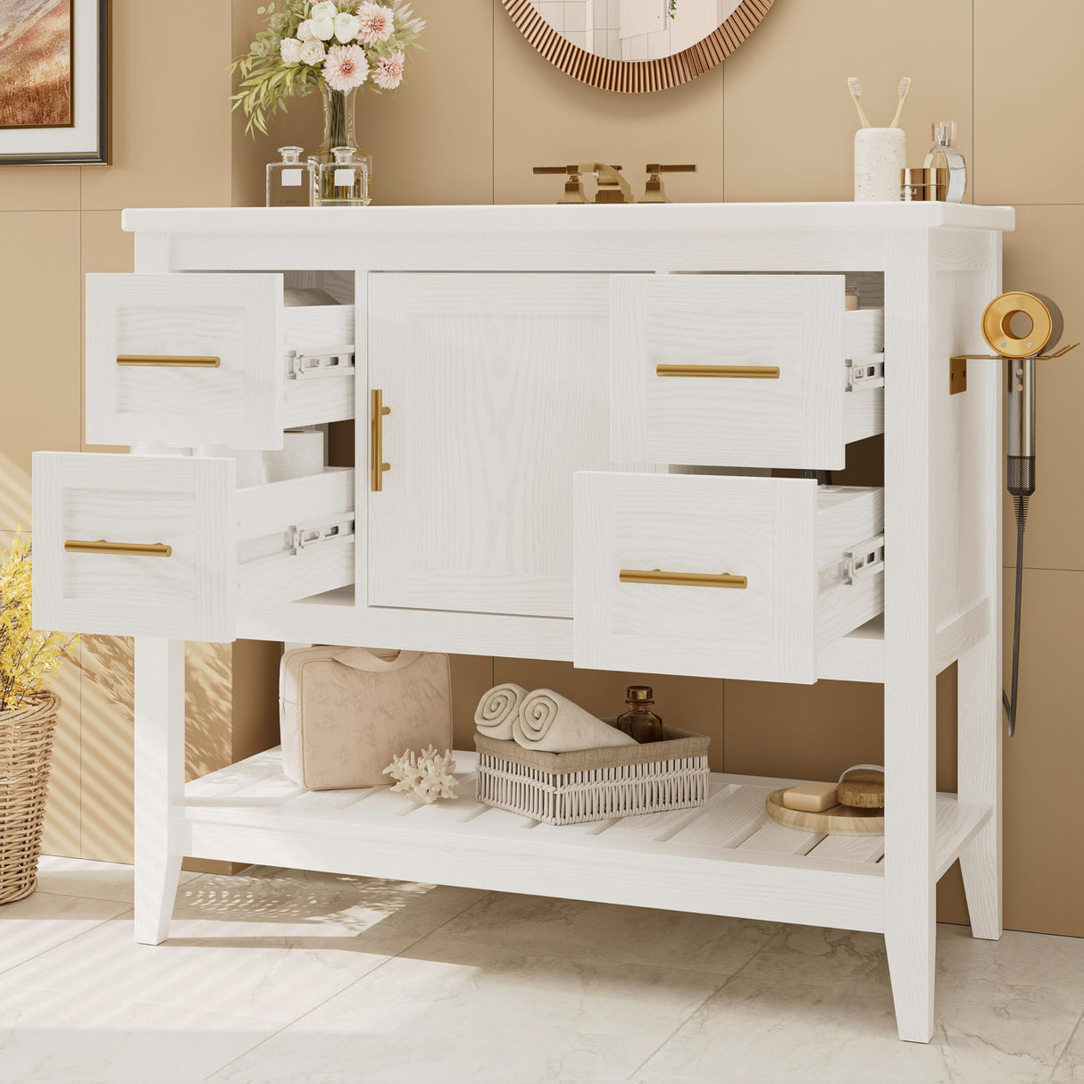 IRONCK Bathroom Vanity with Sink, 36" Modern Undermount Bathroom Sink Cabinet with 4 Drawers&Open Shelf, Vanity Sink with Charging Station and Door Shelves, White IRONCK