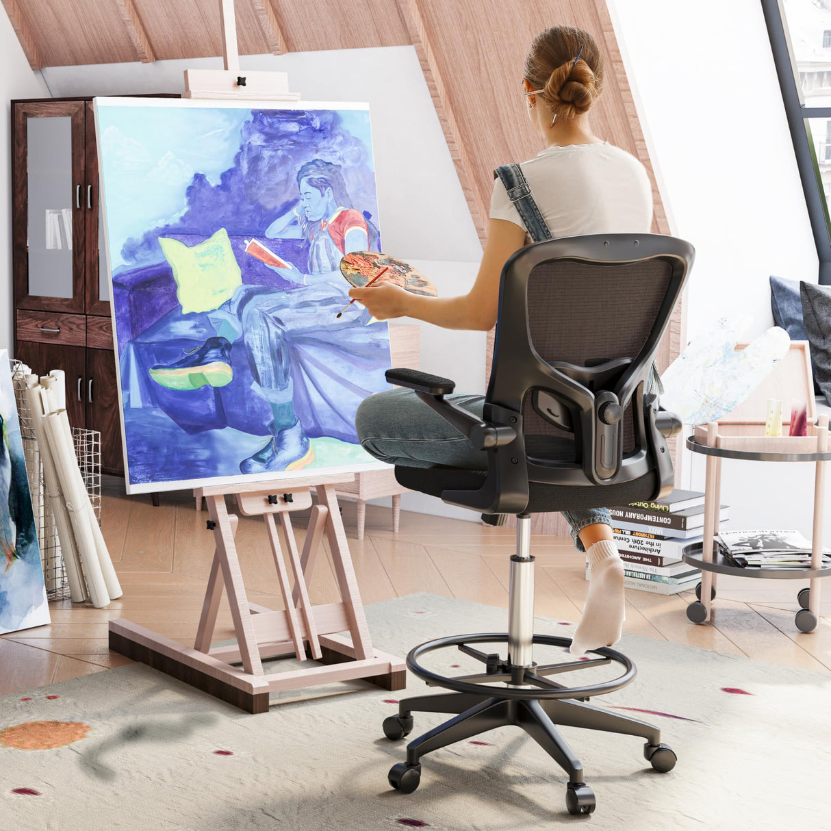 FLEXISPOT Drafting Chair Tall Office Chair with 2D Lumbar,3D Flip-up Armrest,Standing Desk Chair with Breathable Mesh & Adjustable Foot Ring BIFMA Certified for Home Office,Drawing,Guitar(Black) FLEXISPOT