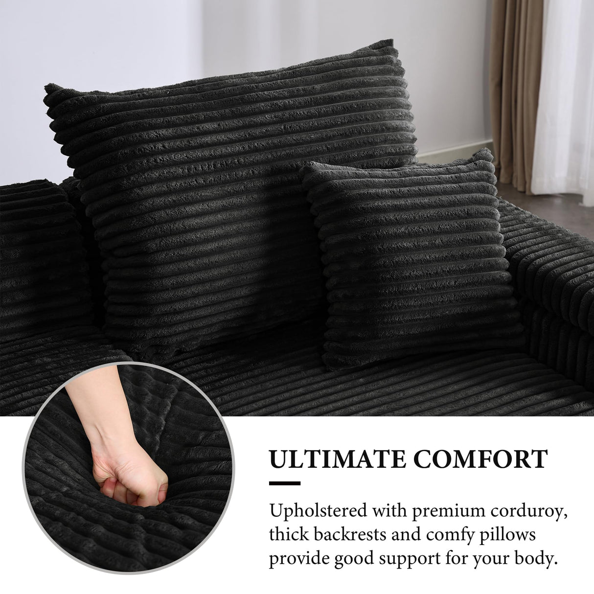 GNIXUU 82.7" Oversized Loveseat Sectional Sofa Sleeper with Storage Console & Cup Holders & USB Ports, Comfy Chaise Lounge Couch Bed with Ottomans for Living Room, Black Corduroy GNIXUU