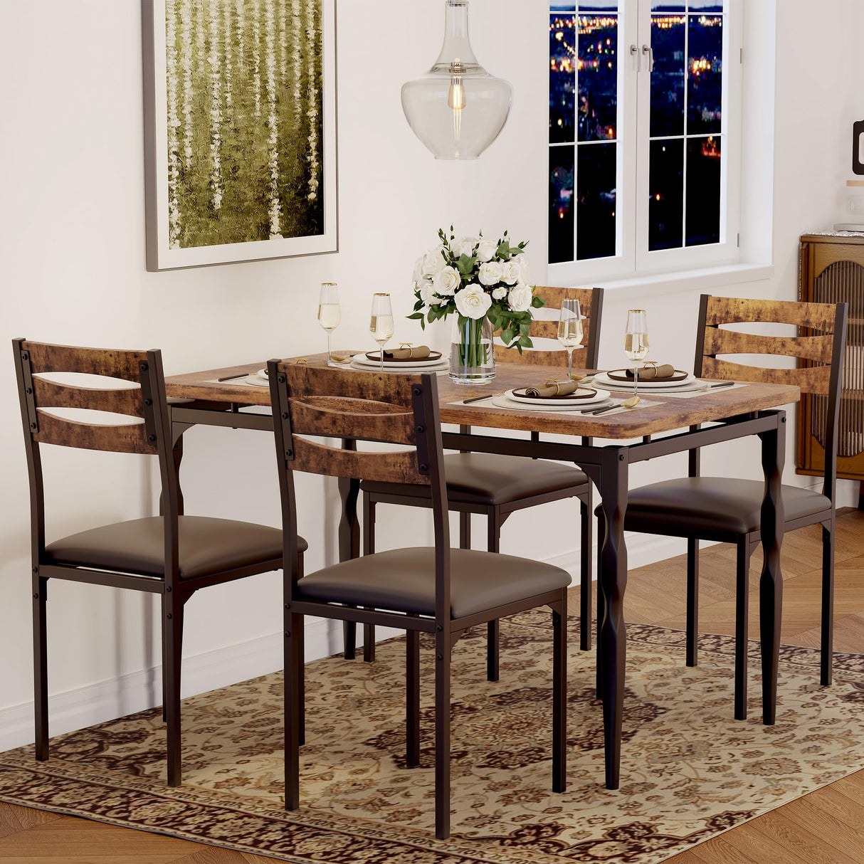 GarveeHome 5 Piece Dining Table Set, Industrial Style Dining Table and Chairs Set for 4, Kitchen Table Set for Dining Room Kitchen Apartment, Brown GarveeHome