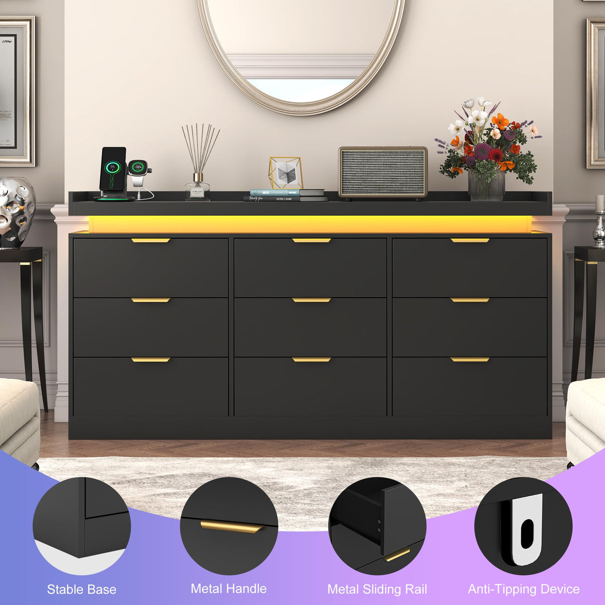UNIQUITE 9 Drawer Dressers for Bedroom, Black Dresser with LED Light and Power Outlet, Modern Large Dresser & Chests of Drawers, Wood Triple Wide Dressers for Bedroom, Entryway, Hallway UNIQUITE