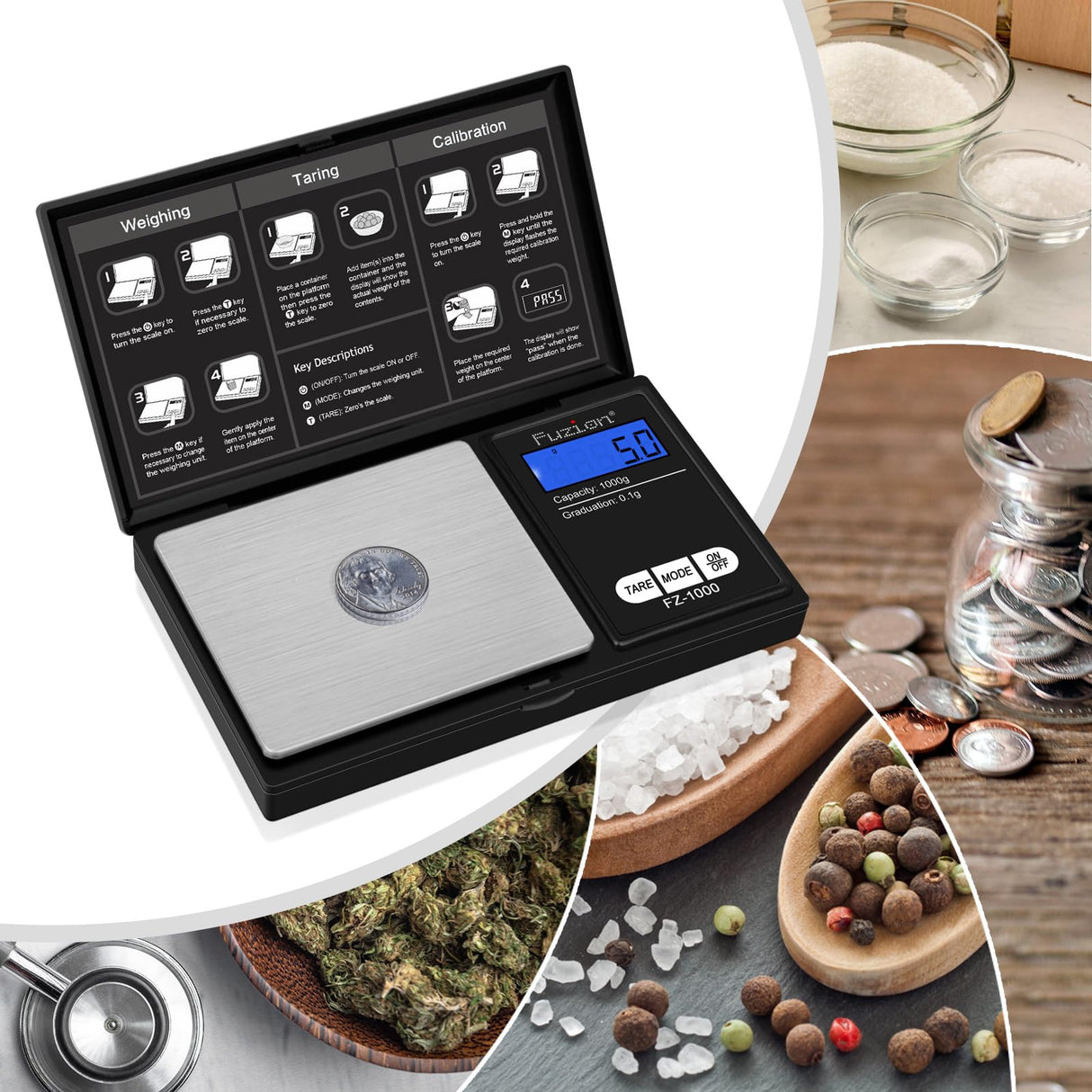 Fuzion Digital Pocket Gram Scale 1000g/0.1g, Small Digital Scales Grams Ounces Grains, Herb Scale, Jewelry Scale, Portable Travel Food Scale Fuzion