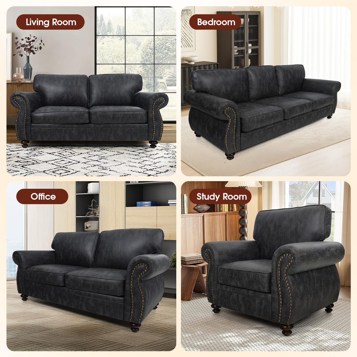 Couchus Mid-Century Vintage Sofa Couches with Rivet Design,loveseat Sofa,Removable Sofa Cover Upholstered Cushions and Solid Wood Frame (Grey, 3-Seater) Couchus