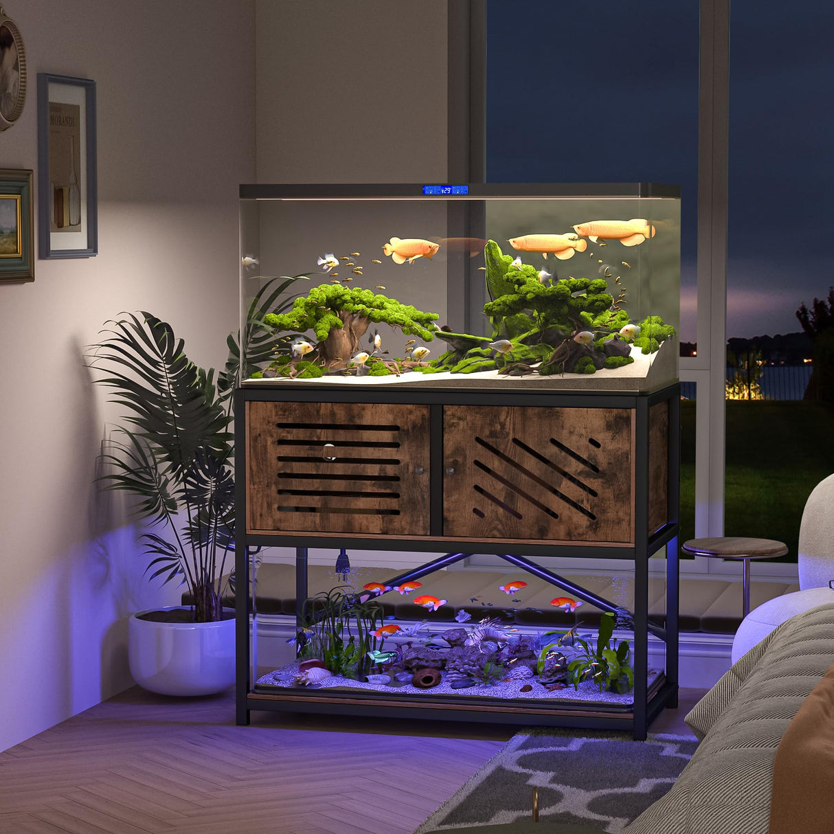 MELLCOM 40-50 Gallon Fish Tank Stand with Power Outlets and LED Light, Metal Aquarium Stand with Cabinet for Fish Tank Accessories Storage, Turtle Reptile Terrariums Stand Rack, Tank not Included MELLCOM