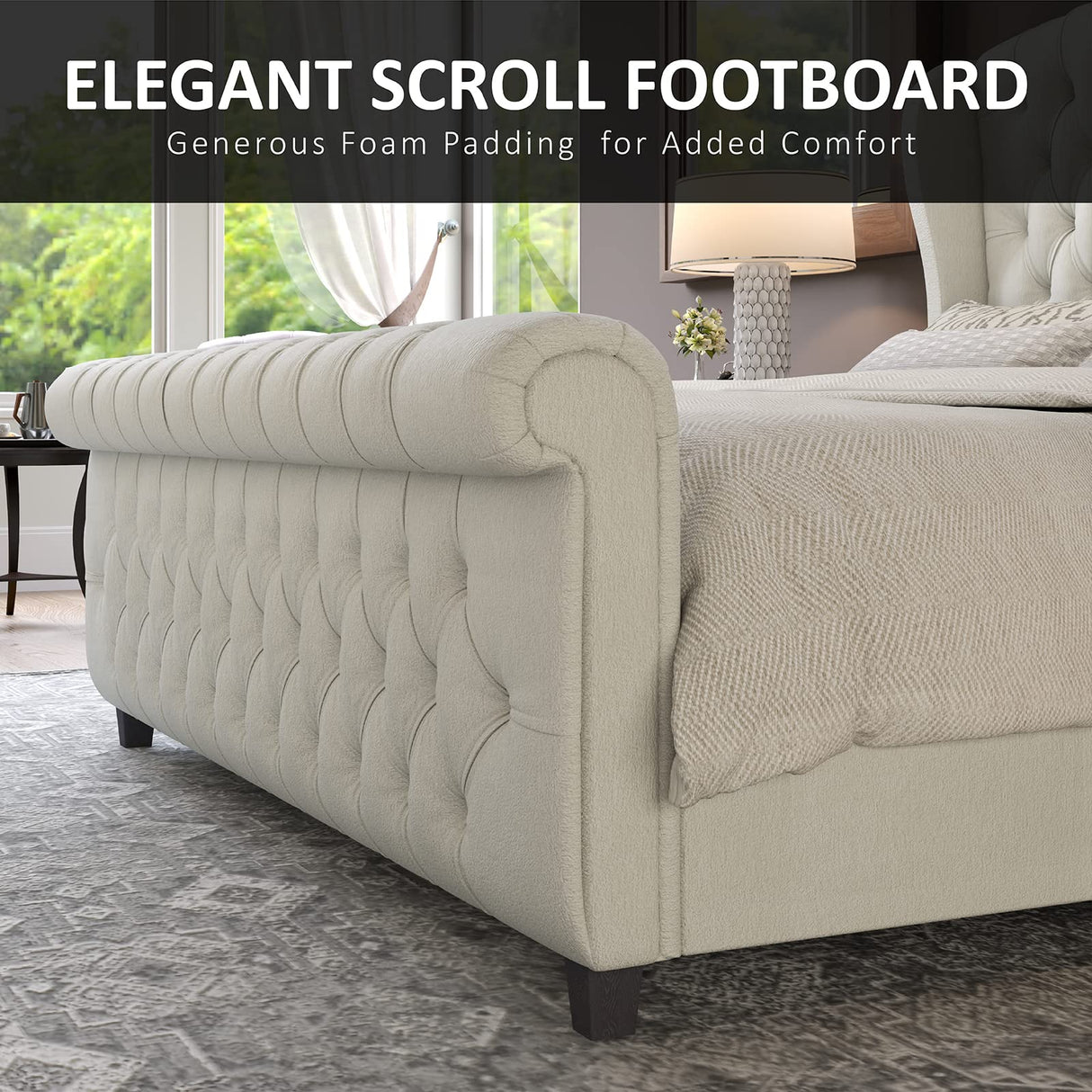AMERLIFE Queen Size Platform Bed Frame, Chenille Upholstered Sleigh Bed with Scroll Wingback Headboard & Footboard/Button Tufted/No Box Spring Required/Cream AMERLIFE