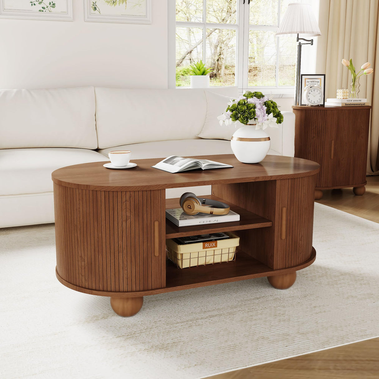 QEIUZON Rectangle Coffee Table, Fluted Coffee Tables for Living Room, Mid-Century Coffee Table Center Table with Storage & Sliding Doors for Apartment, Home Office (Walnut) QEIUZON