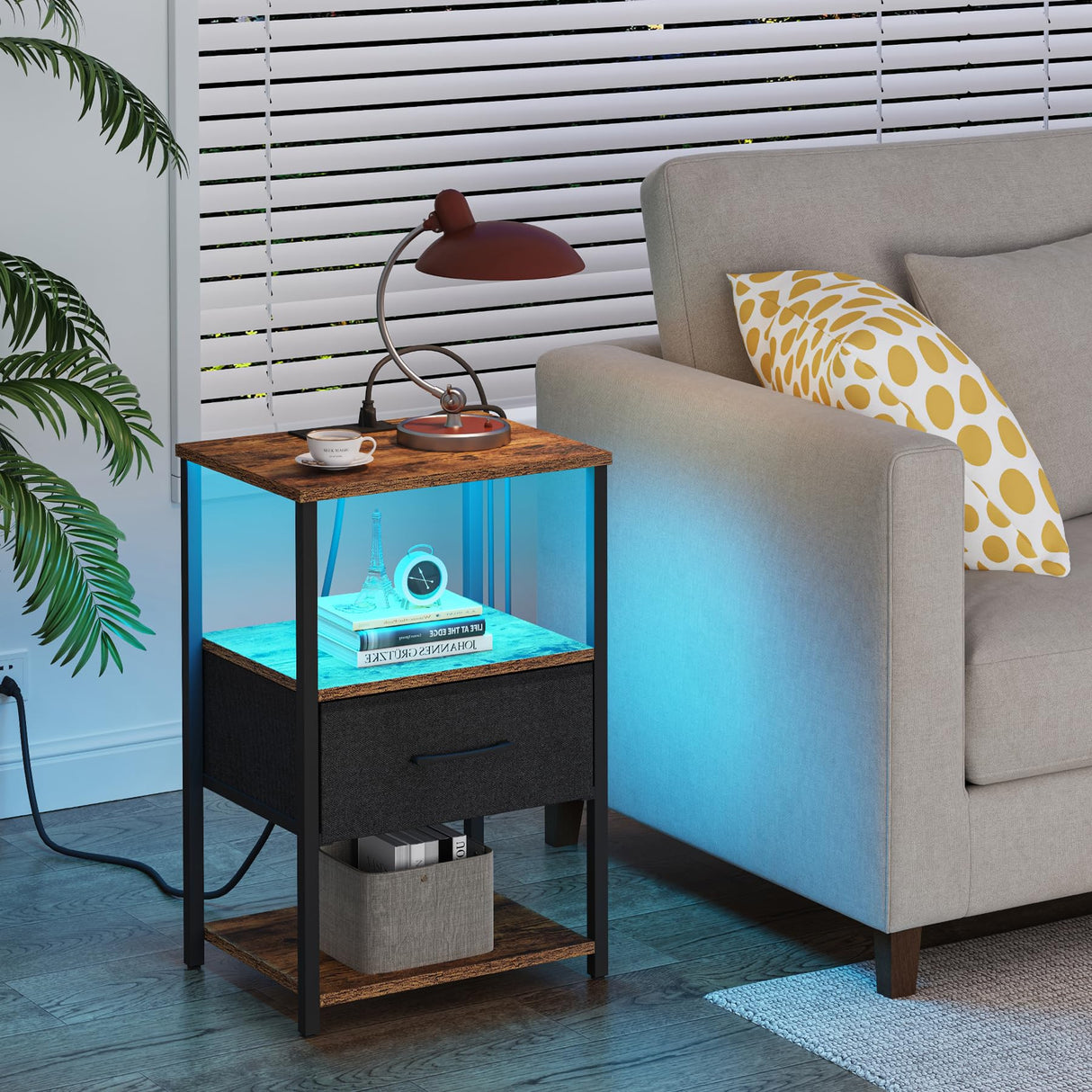 TUTOTAK LED End Table, Side Table with Charging Station, Nightstand Set of 2, Bedside Table with Fabric Drawer, Couch Table for Livingroom and Bedroom, Brown TB01BB0692L TUTOTAK