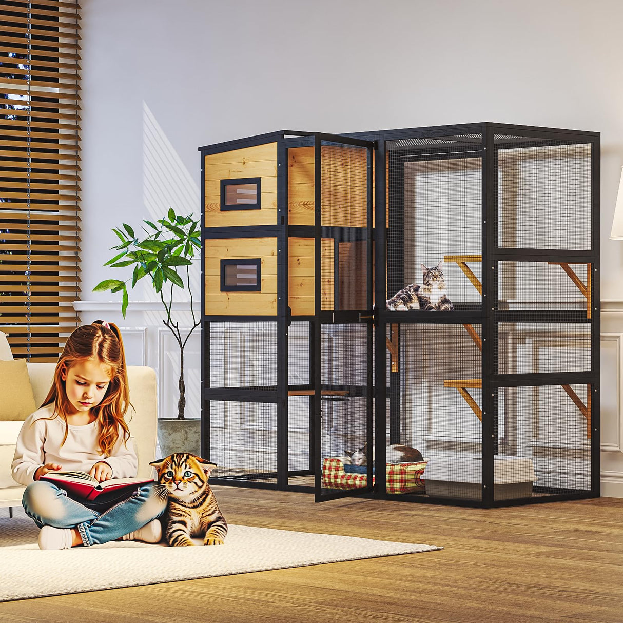 TIMHAKA Large Indoor Cat Catio, 4 Tier Outdoor Cat Enclosures House for Cats with Waterroof Roof, 3 Resting Rooms, 3 Platforms, Cats Catio Connect to Window with 2 Large Door, Feral Pet Shelter, Black TIMHAKA