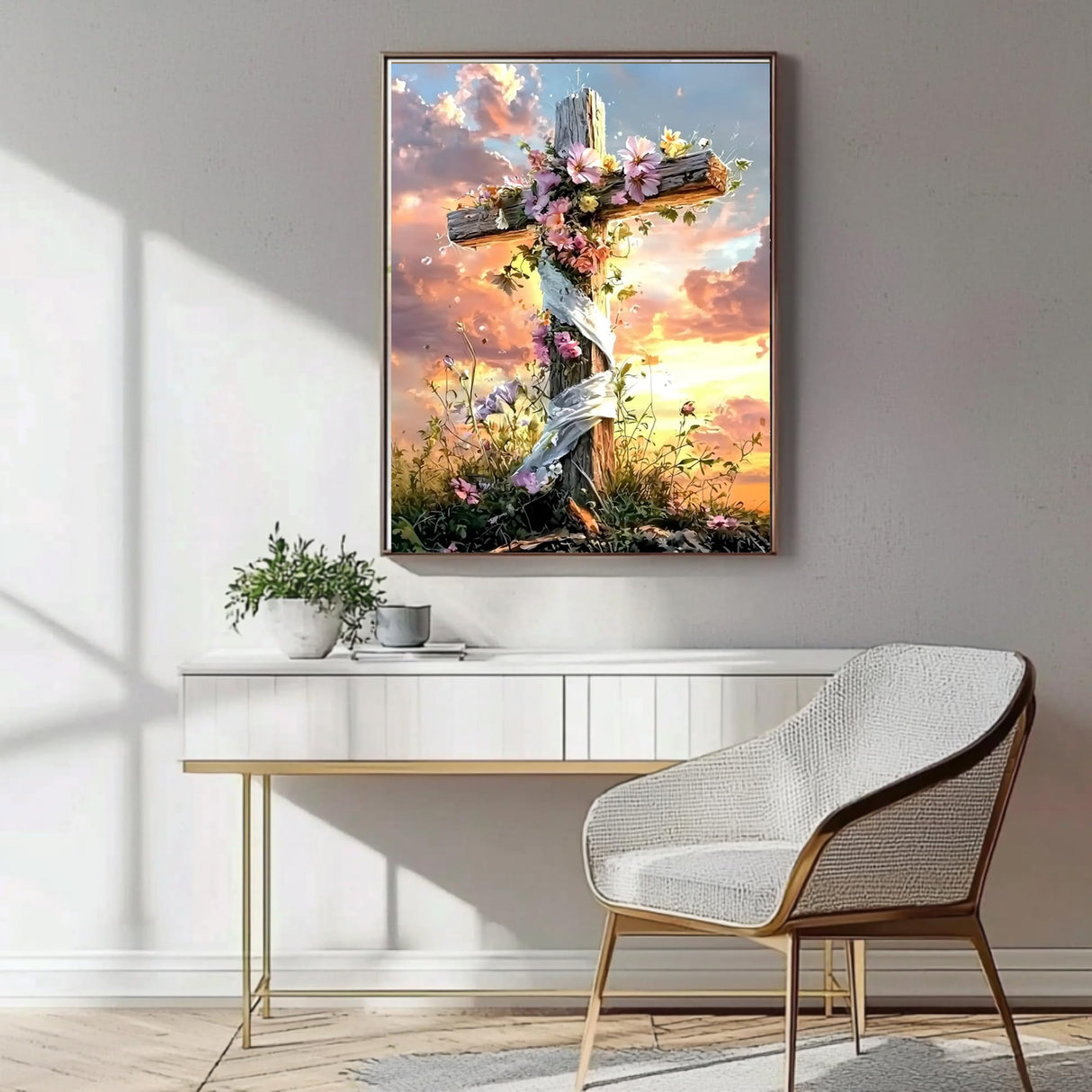 Cross Diamond Art Kits for Adults, Flowers Diamond Painting Kits for Beginners, 5D DIY Sunset Full Drill Round Diamond Painting Gem Art for Adults, Home Wall Decor 12 x 16 Inch Generic