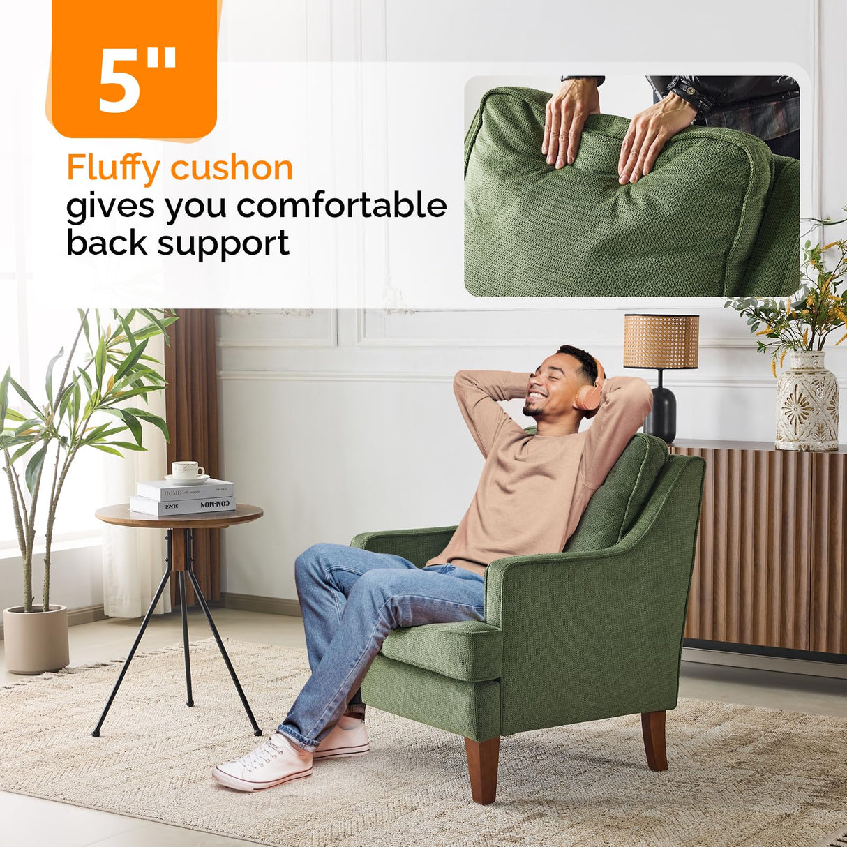 VINGLI Mid-Century Accent Chairs Set of 2, Green Upholstered Armchair Comfy Sofa Chairs Reading Chair High Back Living Room Bedroom Furniture for Apartment VINGLI