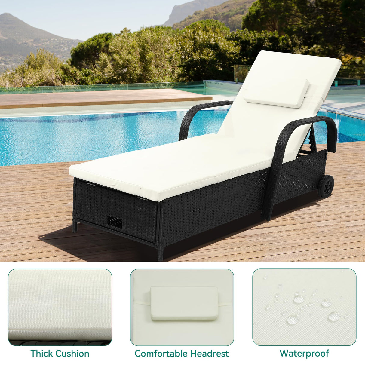 YITAHOME Chaise Lounge Chair with Storage, Wicker Patio Lounge Set of 2 with 5-Position Backrest, Rattan Pool Reclining with Headrest, Arm, Cushion, and Wheel for Poolside Balcony Garden(Black+Beige) YITAHOME