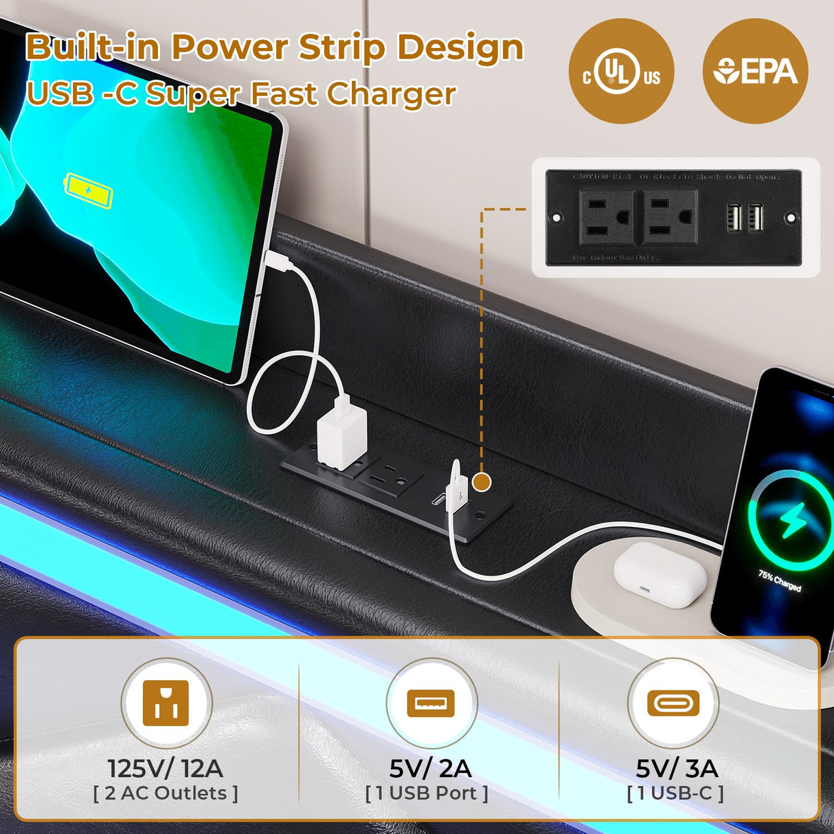 HAUOMS Queen Size Upholstered LED Bed Frame with Storage Headboard and 4 Drawers in PU Black HAUOMS