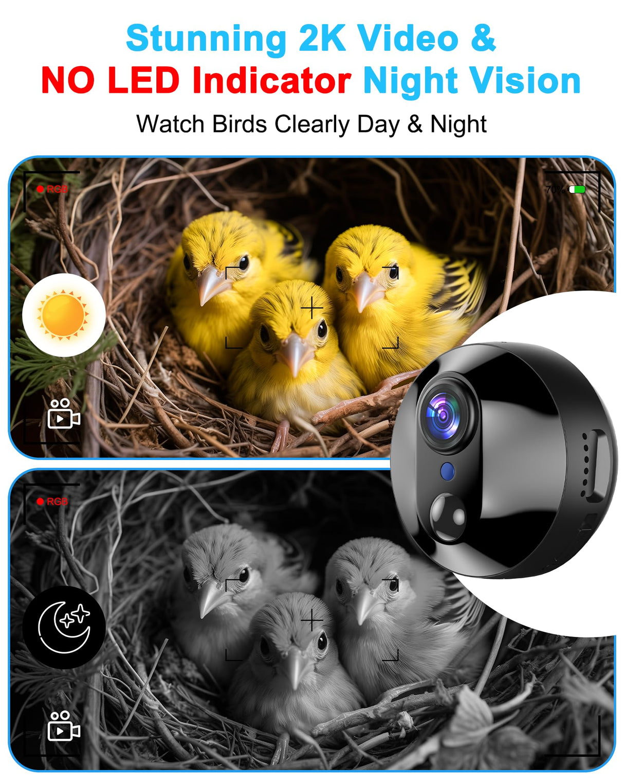 Bird House with Camera Smart Bird House Camera for Small Birds Nesting, 2K HD Wi-Fi Bird Watching Camera, Auto Detect&Notify, Night Vision, APP Control, Wooden Birdhouse with Camera Inside (Plug-In) KinetCam