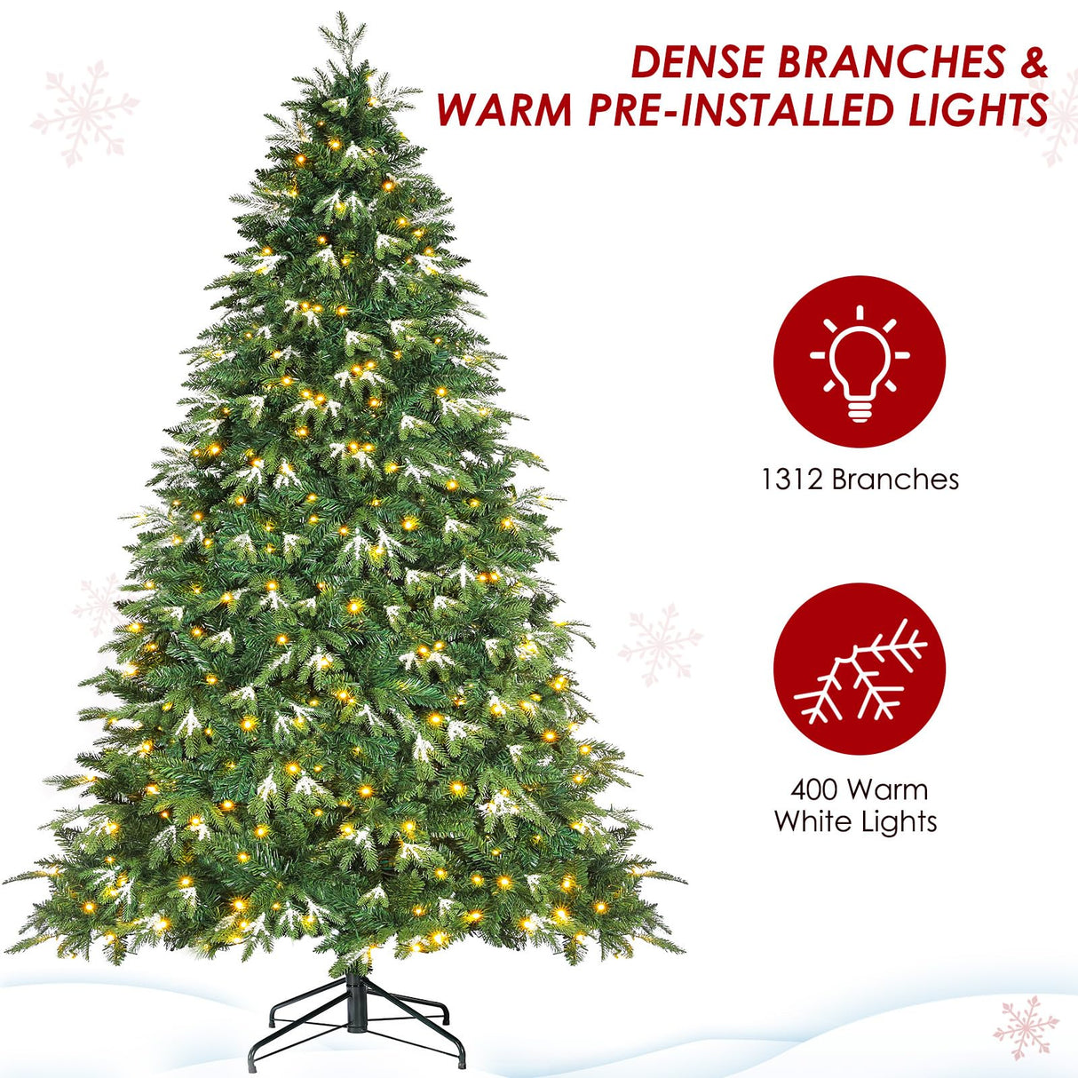 Arlopu 8ft PE&PVC Prelit Christmas Tree, Artificial Spruce Tree with 400 Warm White Lights, 1312 Branch Tips, Ice Crystal, Metal Hinges and Foldable Stand for Home,Party,Store,Holiday, Decor Arlopu