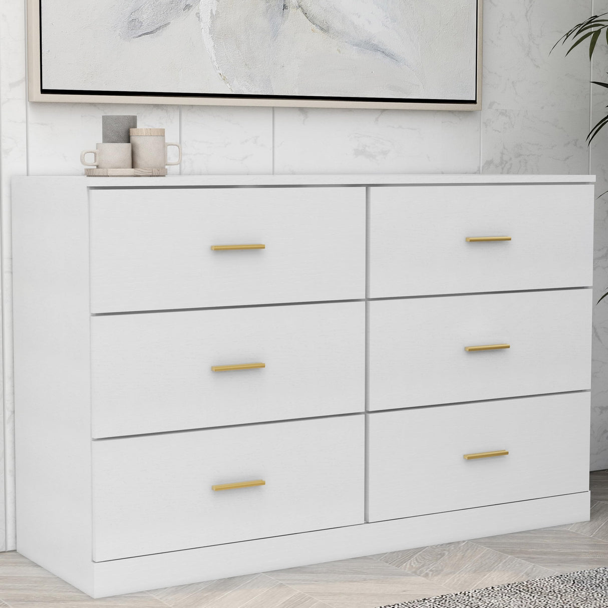 NoeBanJe 47" inch Dresser Sturdy Frame Modern Bedroom Furniture with 6 Drawers Large Capacity Storage Cabinet, Wooden Chest of Drawers for Bedroom, Hallway, Living Room, Entryway (White Gold Handle) NoeBanJe