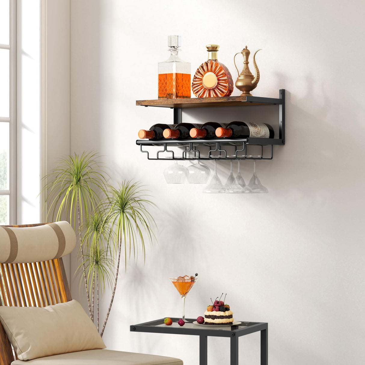 2 Tiers Wine Rack Wall Mounted with Wine Bottle Holder & Wine Glass Rack, Bar Shelves for liquor bottles, Hanging Wine Rack, Wine Storage Display Rack Shelf for Home Bar,Dining Room,Kitchen,Rustic Gewudraw