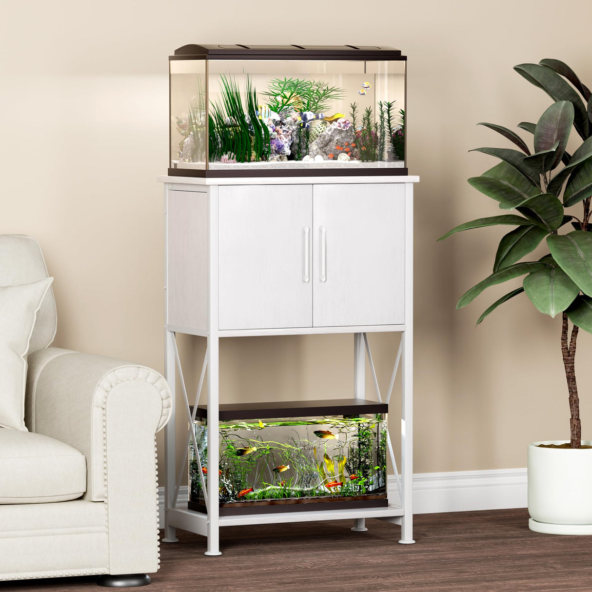 Herture 5-10 Gallon Fish Tank Stand, Metal Double Aquarium Stand with Cabinet for Fish Tank Accessories Storage, Heavy Duty 20.5" L* 11.02" W Tabletop, 500LBS Capacity White PG06YGW Herture
