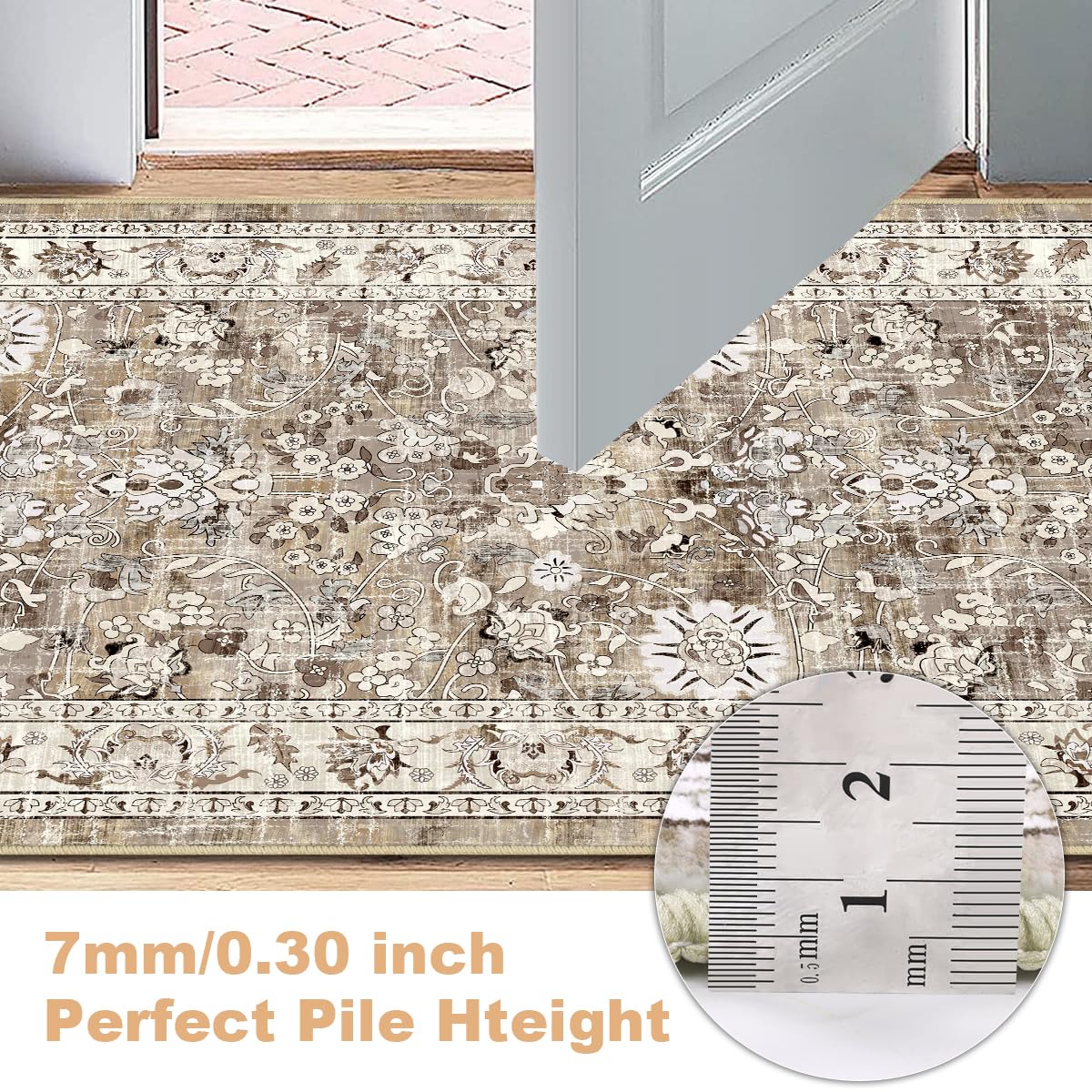 LOKHOM Washable Runner Rug, 2x8 Non-Slip Vintage Hallway Runner Rug with Rubber Backing, Boho Floral Soft Faux Wool Kitchen Runner Rug Carpet Runner for Kitchen Laundry Entryway Bedroom (Beige Brown) LOKHOM