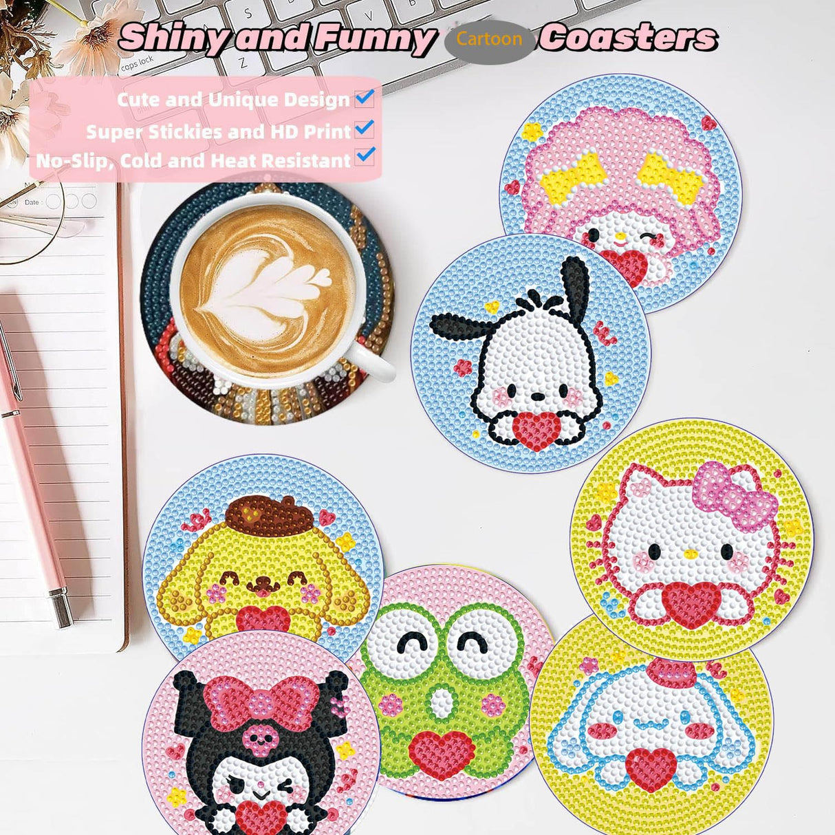 8 PCS Cartoon Diamond Art Coasters Kits, Diamond Painting Coasters with Holder Set of 8, DIY Drink Coasters Art Crafts Supplies for Adults Cup Mat for Home Decor House Warming Gifts Non-Slip 3.9inch YSUNETER