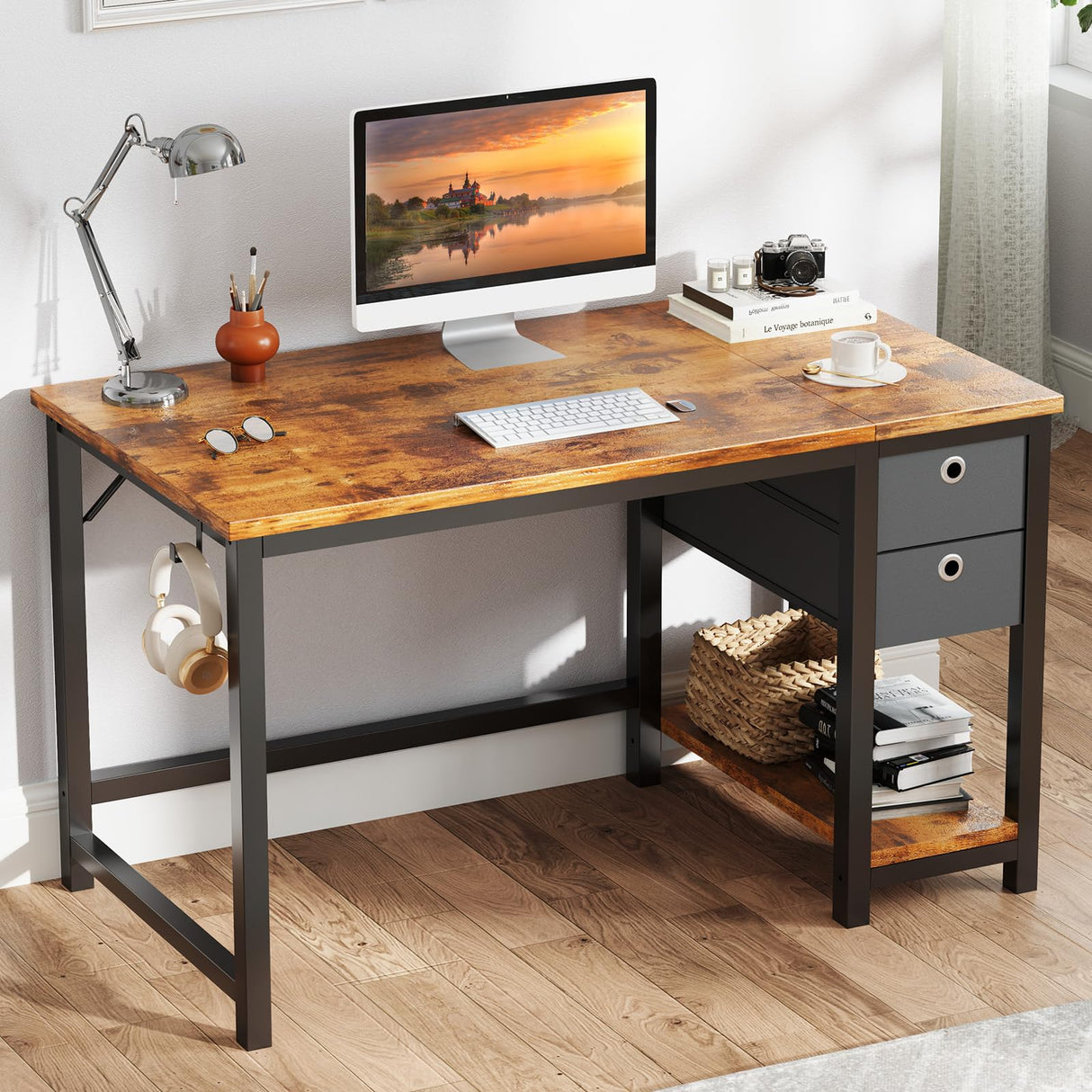 DUMOS Computer Desk with 2 Drawers, 40x24 Inch Office Desks with Shelf, Gaming Work Study Vanity Table with Storage 2-Tier Drawer for Living Room Bedroom Small Spaces,Antique Wood DUMOS