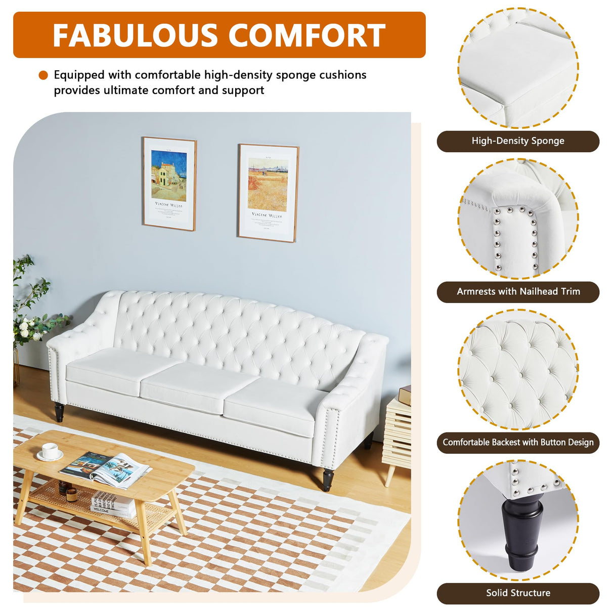 PHOYAL Chesterfield Couch 3 Seater Large Sofa, Velvet Sofas and Couches 80 Inches Mid Century Modern Couch Tufted Back Sofa for Living Room Furniture (White) PHOYAL