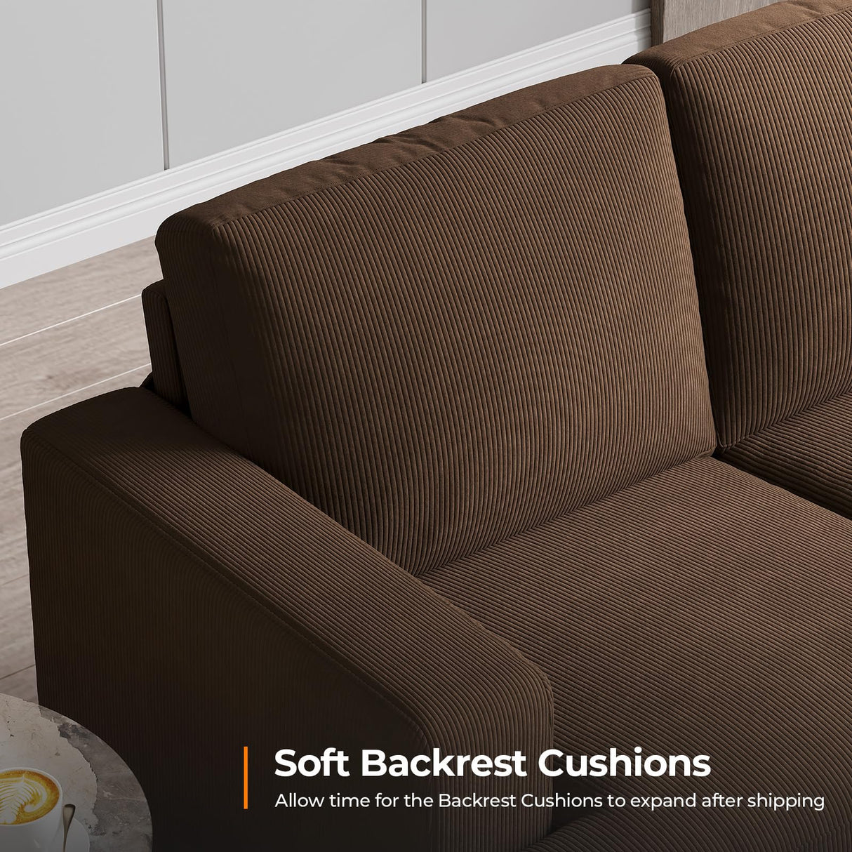 COPIAE 89 Inch Sofa with Extra Deep Seats Oversize, Corduroy Fabric 3 Seater Sofa for Living Room, Modern Couch and Sofa, Comfy Armrests and Seats and Backrests, Easy Installation, Brown COPIAE