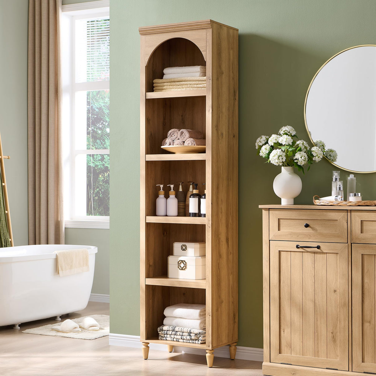 IFGET 76" Tall Arched Bookcase, Farmhouse 5 Tiers Narrow Arched Bookshelf Cabinet with Adjustable Shelves, Modern Wooden Book Shelf w/Storage and Open Display Shelves for Living Room, Office-Natural IFGET