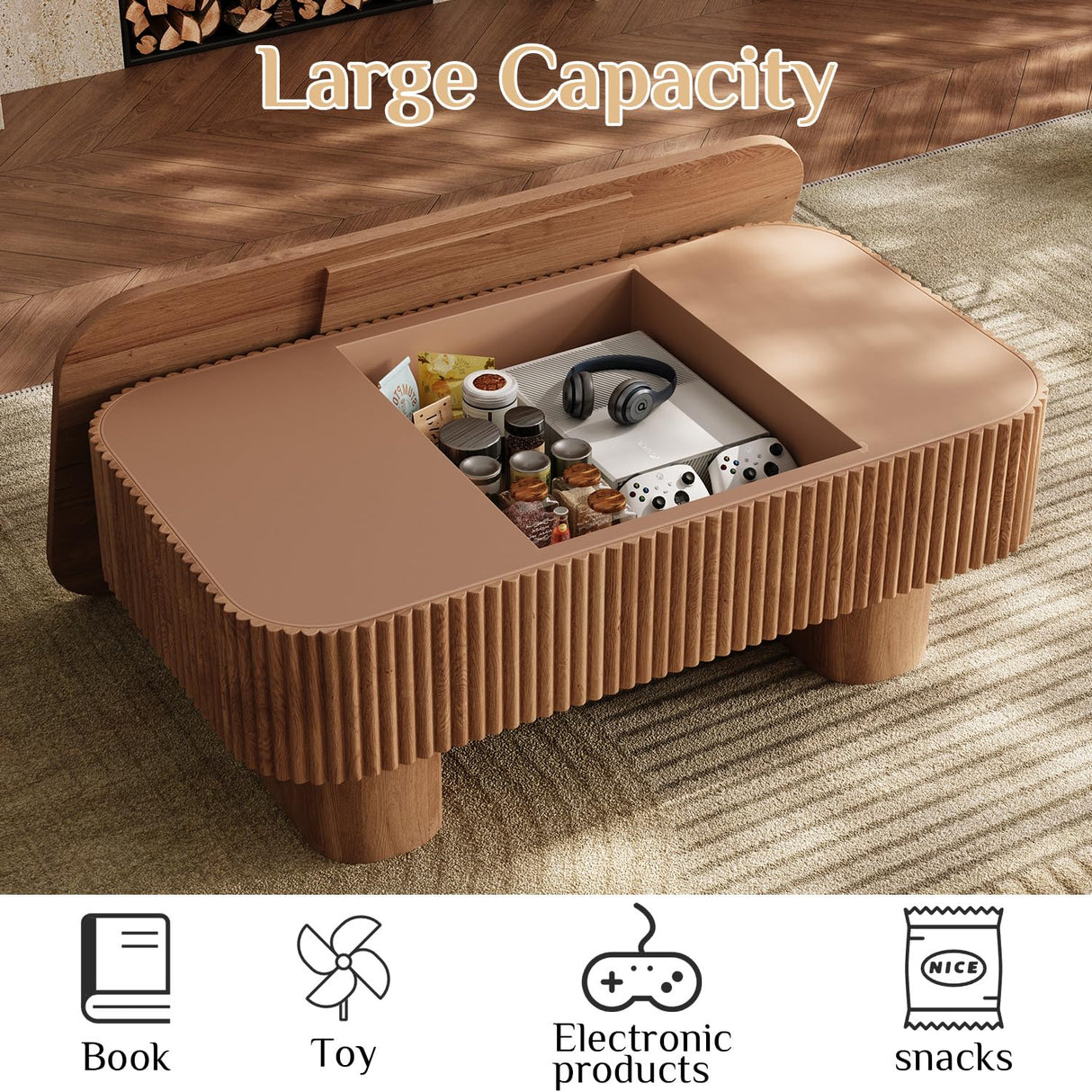 Coffee Table with Storage, 44 inch Solid Wood Coffee Table,Rustic Center Table with Hidden Storage Compartmen Mid Century Modern Tables for Living Room Home Apartment (Walnut Rophefx