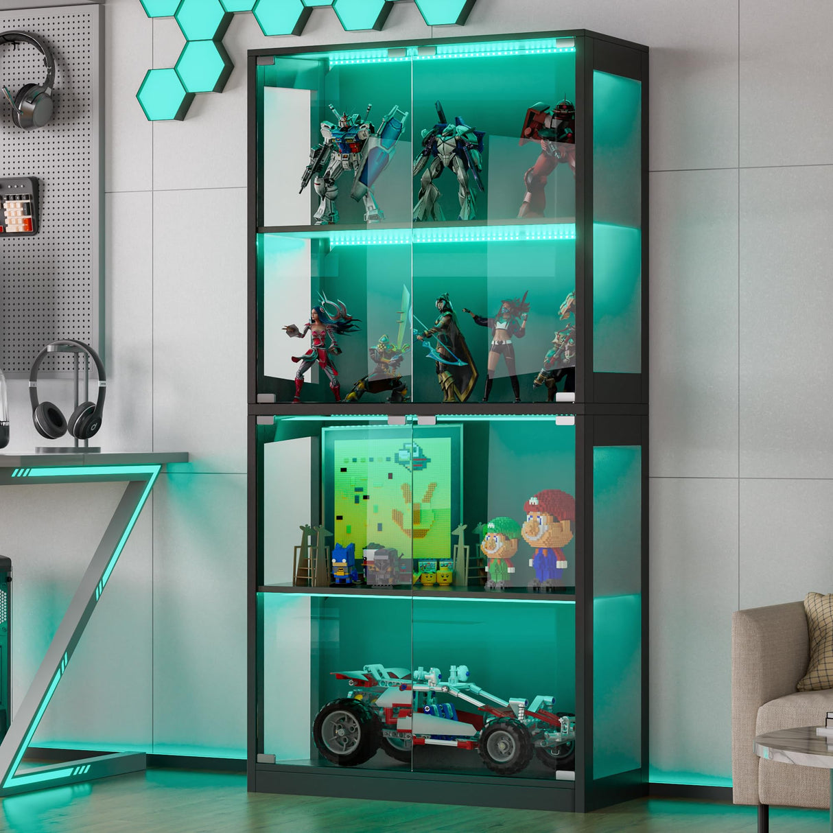 Grepatio Display Cabinet with Glass Doors, 4-Tier Curio Display Case, Collectibles Display Shelf with 12 Color Lights, Toy Bookshelf and Bookcase Cabinet for Collectible Playroom (Black) Grepatio