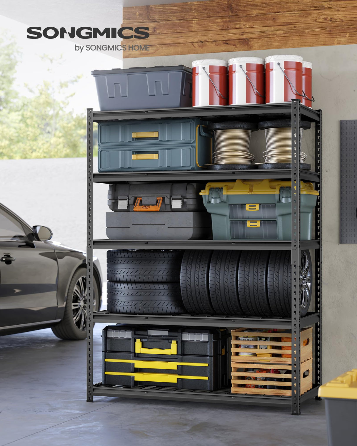 SONGMICS 5-Tier Storage Shelves, Heavy-Duty Garage Shelving, Adjustable Shelving Unit, Steel Shelf, Boltless Assembly, for Garage, 2,200 lb Load, 24 x 96 x 72 Inches, Ink Black UGLR454B02 SONGMICS