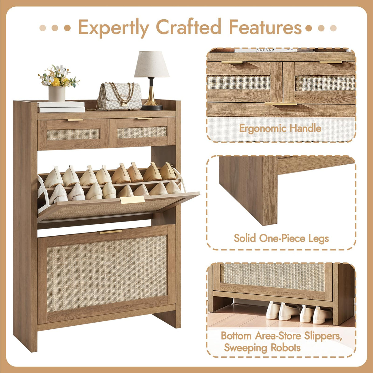 HOKYHOKY Rattan Shoe Storage Cabinet with 2 Drawers & 2 Flip Drawers – Hidden Slim Shoe Organizer for Entryway, Large Tabletop Space, Farmhouse Boho Narrow Shoe Rack, Rustic Oak HOKYHOKY