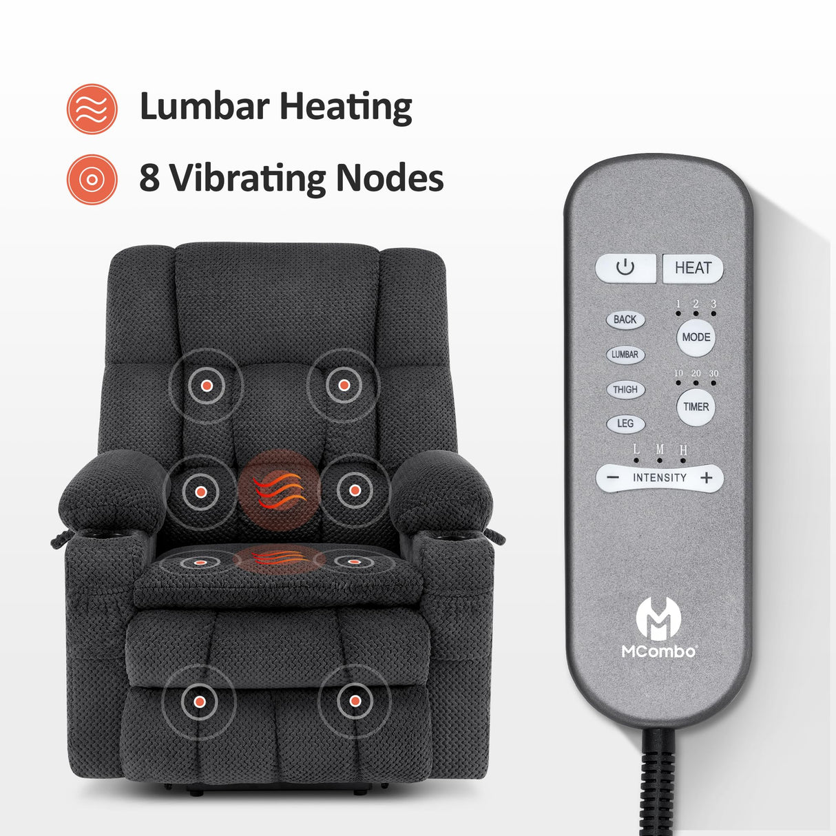 MCombo Large Dual Motor Power Lift Recliner Chair Sofa with Massage and Heat for Tall Elderly People, Infinite Position, USB Ports, Cup Holders, Fabric 7896 (Dark Gray, Large-Regular) MCombo