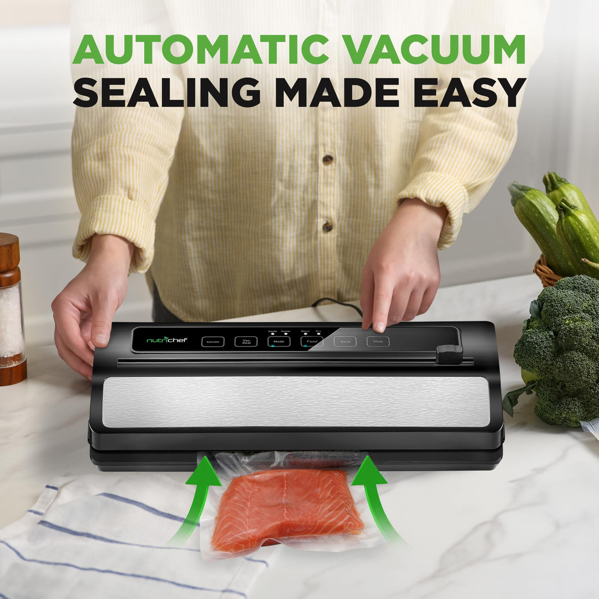 NutriChef Vacuum Sealer | Automatic Vacuum Air Sealing System For Food Preservation w/ Starter Kit | Compact Design | Lab Tested | Dry & Moist Food Modes | Led Indicator Lights, Stainless Steel, Black NutriChef