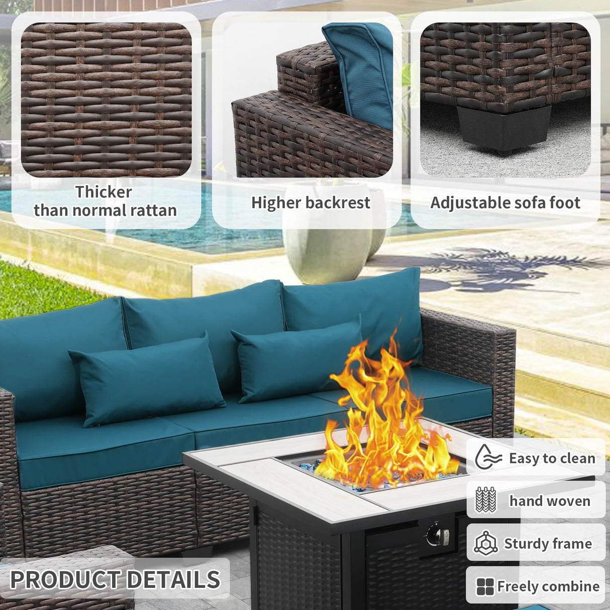 Valita 6 PCS Patio Furniture Set Outdoor Sectional Wicker Conversation Couch Brown Rattan Sofa Chairs with Ottoman 50,000BTU Adjustable Fire Pit Table and Peacock Blue Anti-Slip Cushions Valita
