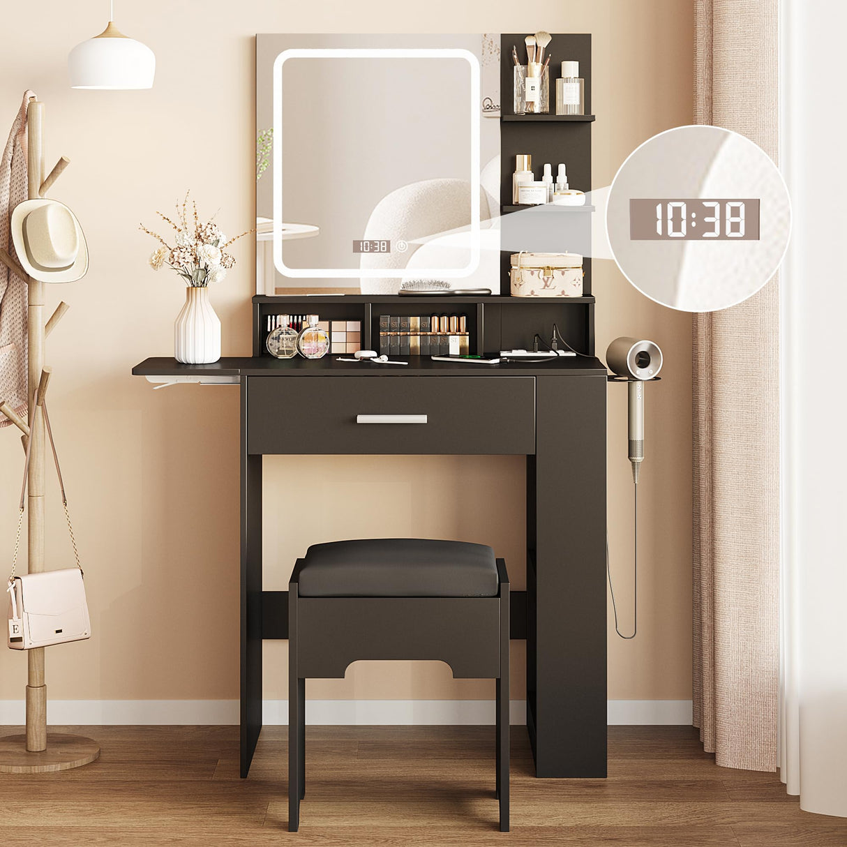 Vabches Makeup Vanity with Mirror and Lights, Small Vanity Desk with with Drawer Lots Storage, Vanity Set with Storage Drawer, Chair and Three Shelves, Black Vabches