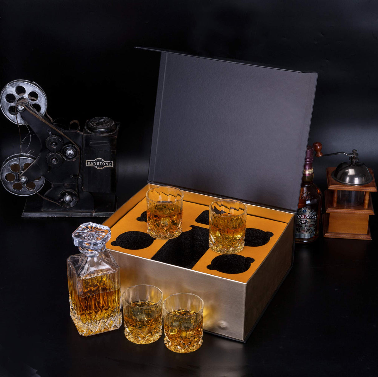 KANARS Whiskey Decanter And Glasses Set in Unique Gift Box - Original Crystal Liquor Decanter Set For Bourbon, Scotch, Vodka, Rum or Whisky, 5-Piece, Gifts for Men Dad KANARS