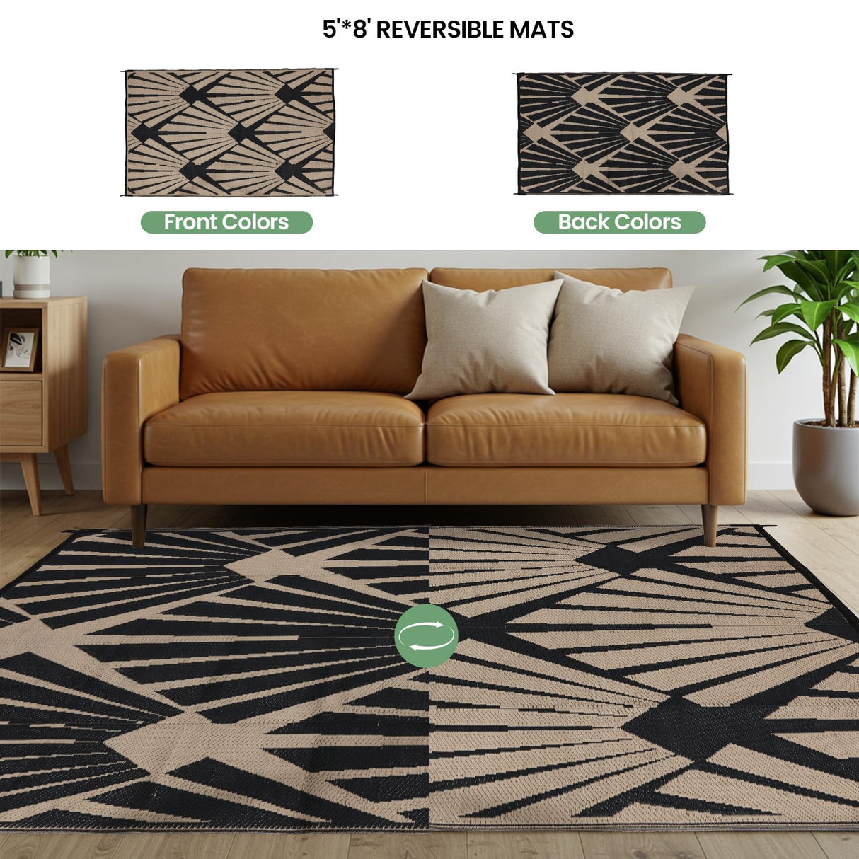 Reversible Outdoor Plastic Straw Rug 5x8 Ft, Waterproof Foldable Camping Mat with Uv Protection, Quick-Dry Plastic Straw Patio Carpet for Deck Rv Porch Backyard Black & Brown BUPPLEE