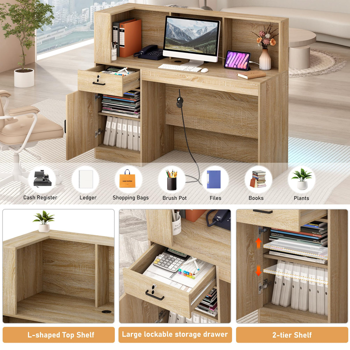 55" Reception Desk with LED Lights Power Outlets,L-Shaped Modern Front Desk Reception Room Table with Cable Grommet,Lockable Drawers,Retail Checkout Counter for Lobby,Salon,Home Office Desk,Oak Hlivelood