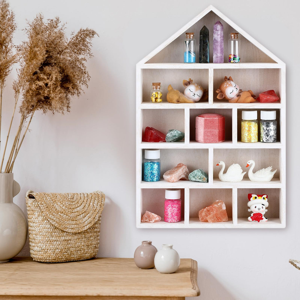 Threehoney House Shaped Wooden Shadow Cubby Box 10 W x 2 1/4 D x 15 H Hanging Display Shelf Organizer Wall Mounted Curio Cabinet Wooden Display Case Miniature Shelf for Figures(Wood Color) Threehoney