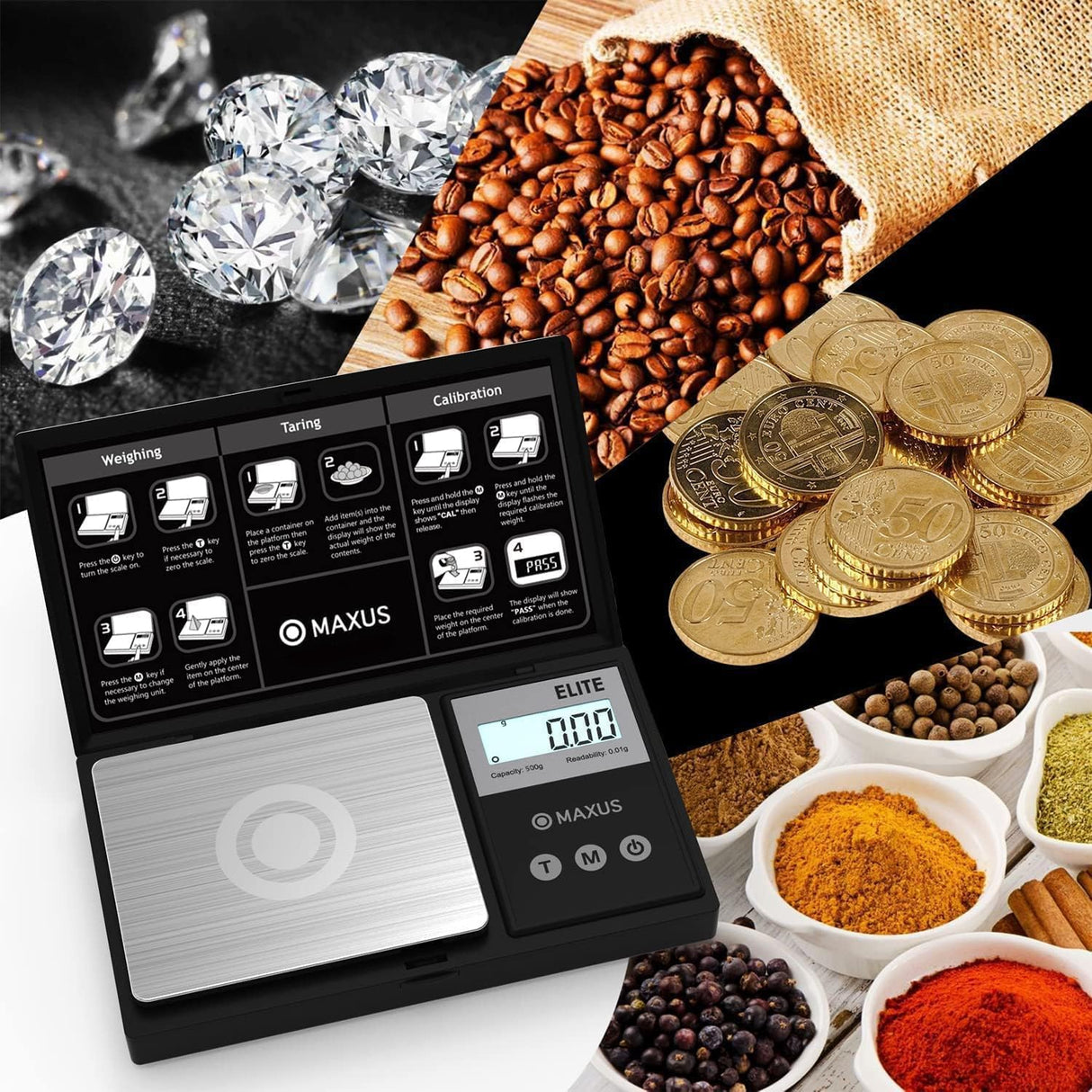 MAXUS Digital Pocket Gram Scale 500g x 0.01g High Precision with Tray, Weighs Small Food, Jewelry, Ounces, Grains, LCD Display, Tare Function MAXUS
