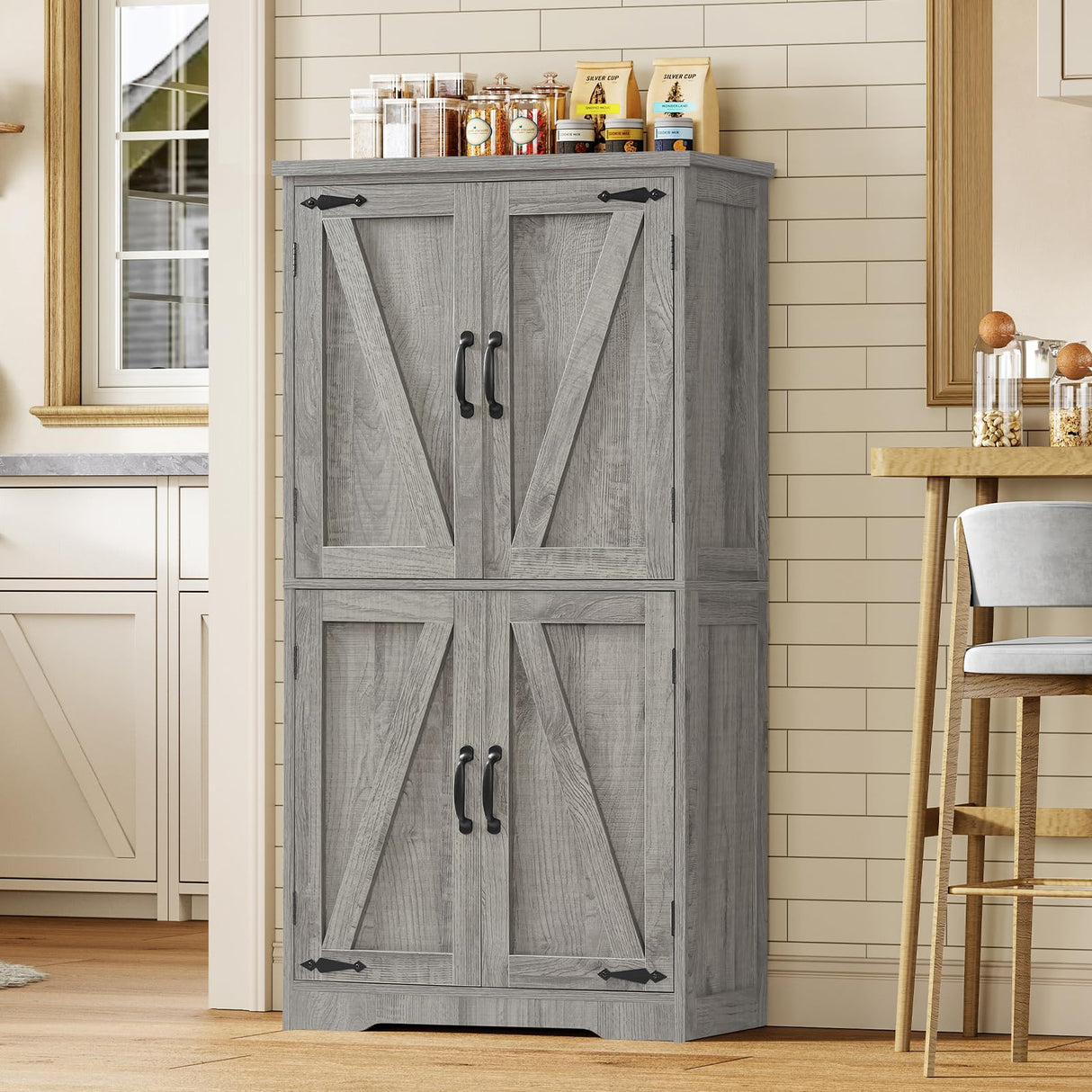 TEENFON Farmhouse Storage Cabinet with 2 Adjustable Shelves, Bathroom Cabinet with 4 Doors, Cupboard for Kitchen, Living Room, Rustic Gray TEENFON