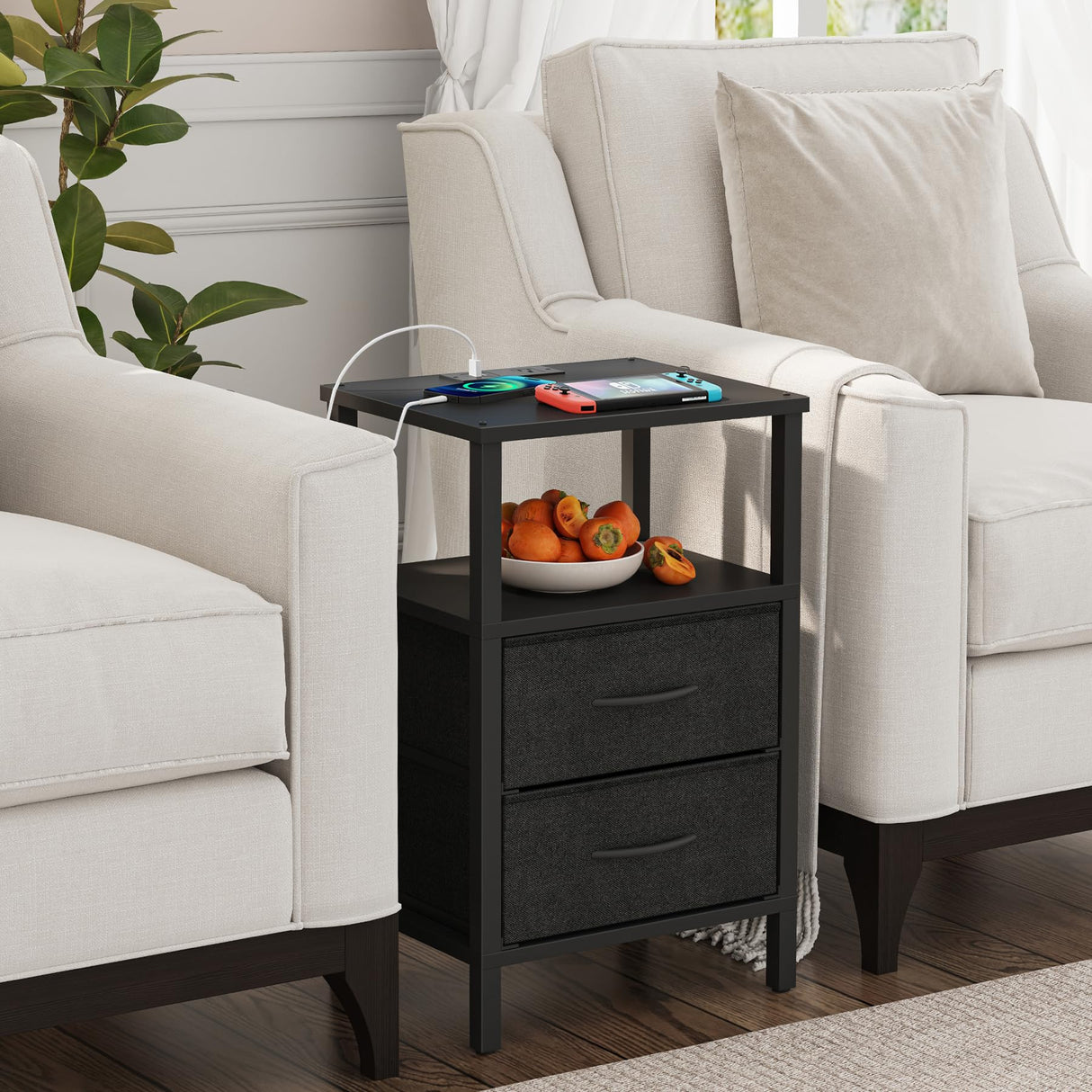 TUTOTAK End Table with Charging Station, Side Table with 1 USB & 1 USB- C type Port and Outlets, Nightstand with Cloth Drawer, Set of 2, Couch Table, Black TB01BK067 TUTOTAK