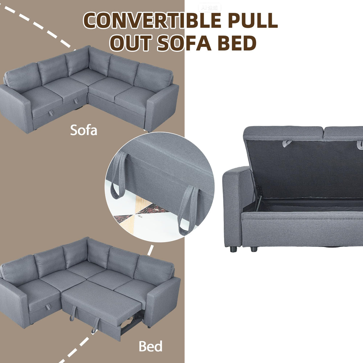Trygoal 81 Inch Pull Out Sleeper Sofa, Sectional Couches for Living Room, 5-Seater Pull Out Couch with Storage, Convertible Sofa Bed for Small Space, Guest Room, Apartment, Gray Trygoal