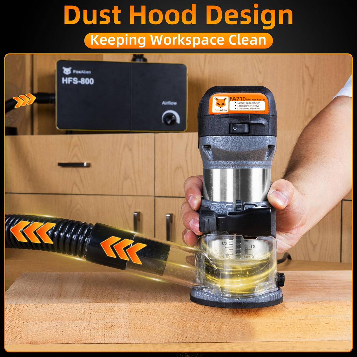 FoxAlien 1HP 710W 65mm Diameter Compact Palm Router for CNC Woodworking,6 Variable Speeds Max 30000 R/MIN Wood Trimmer with 1/4” Collect (110V) FoxAlien