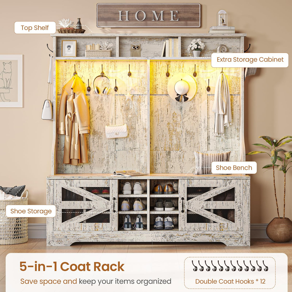 Itaar Hall Tree with Bench and Shoe Storage, 5-in-1 Entryway Bench with Coat Rack, 16 Shoe Cubbies & 12 Coat Hooks, Barn Door & Adjustable Shelf (Vintage White) Itaar