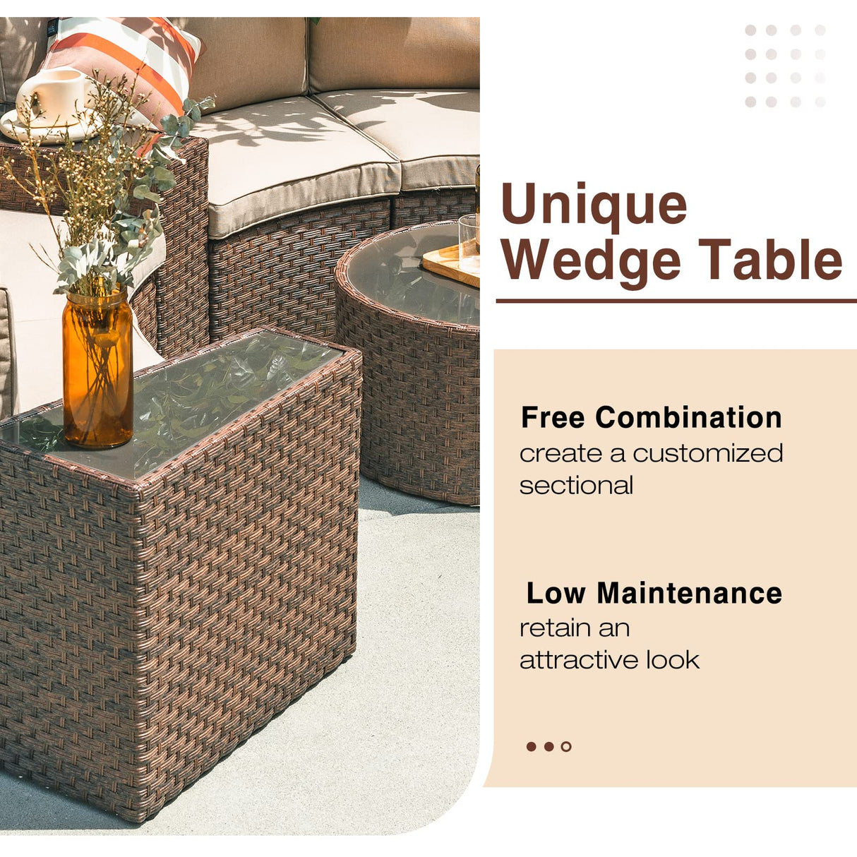 SUNSITT Outdoor Sectional Set 11-Piece Half Moon Patio Furniture Brown Wicker Sofa Beige Cushions with 4 Side Table and 4 Pillows SUNSITT