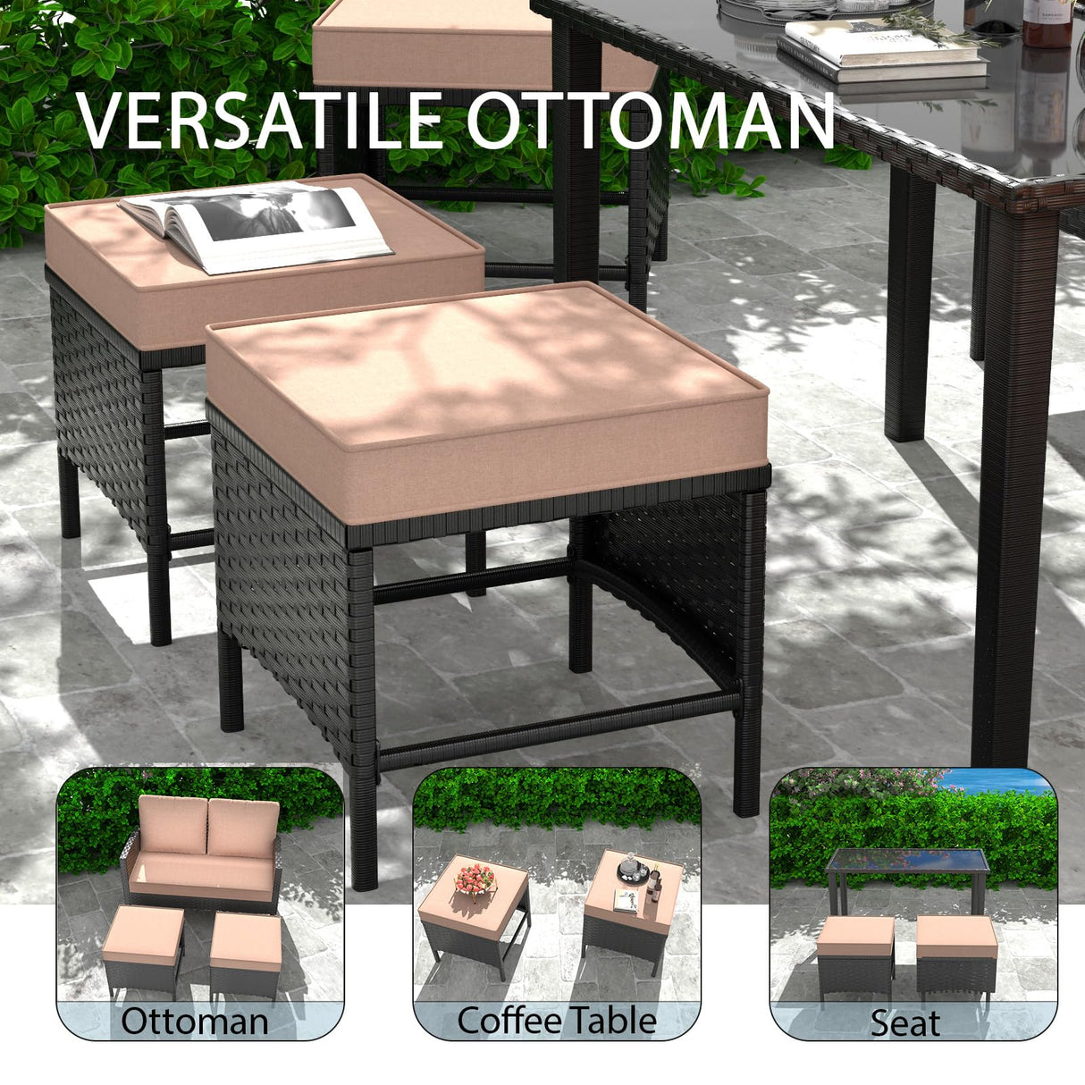 HLNPTN 7 Pieces Patio Conversation Set, Outdoor Furniture Sectional with Throw Pillows and Anti-Slip Cushions, PE Rattan Sofa Set with Dining Table & Ottomans, Khaki HLNPTN