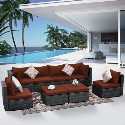 NICESOUL 8 Piece Modern Patio Couch Set, 29.3'' High Back Oversized Wicker Outdoor Sectional Furniture with Ottoman, Wide Seating Comfy Conversations for Backyard Deck, 2 Color Cushion Wine & Gray
