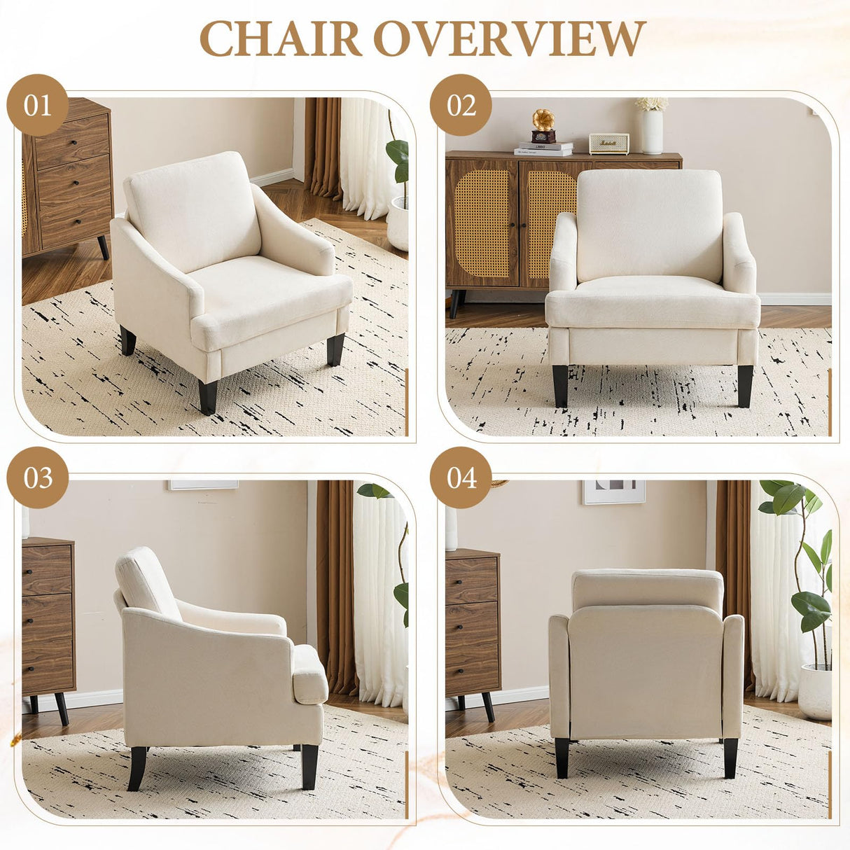 Bezseller Modern Accent Chair, Upholstered Reading Armchair with Wood Legs, Mid-Century Leisure Comfy Single Sofa Chair for Living Room, Bedroom, Home, Office, Beige Bezseller