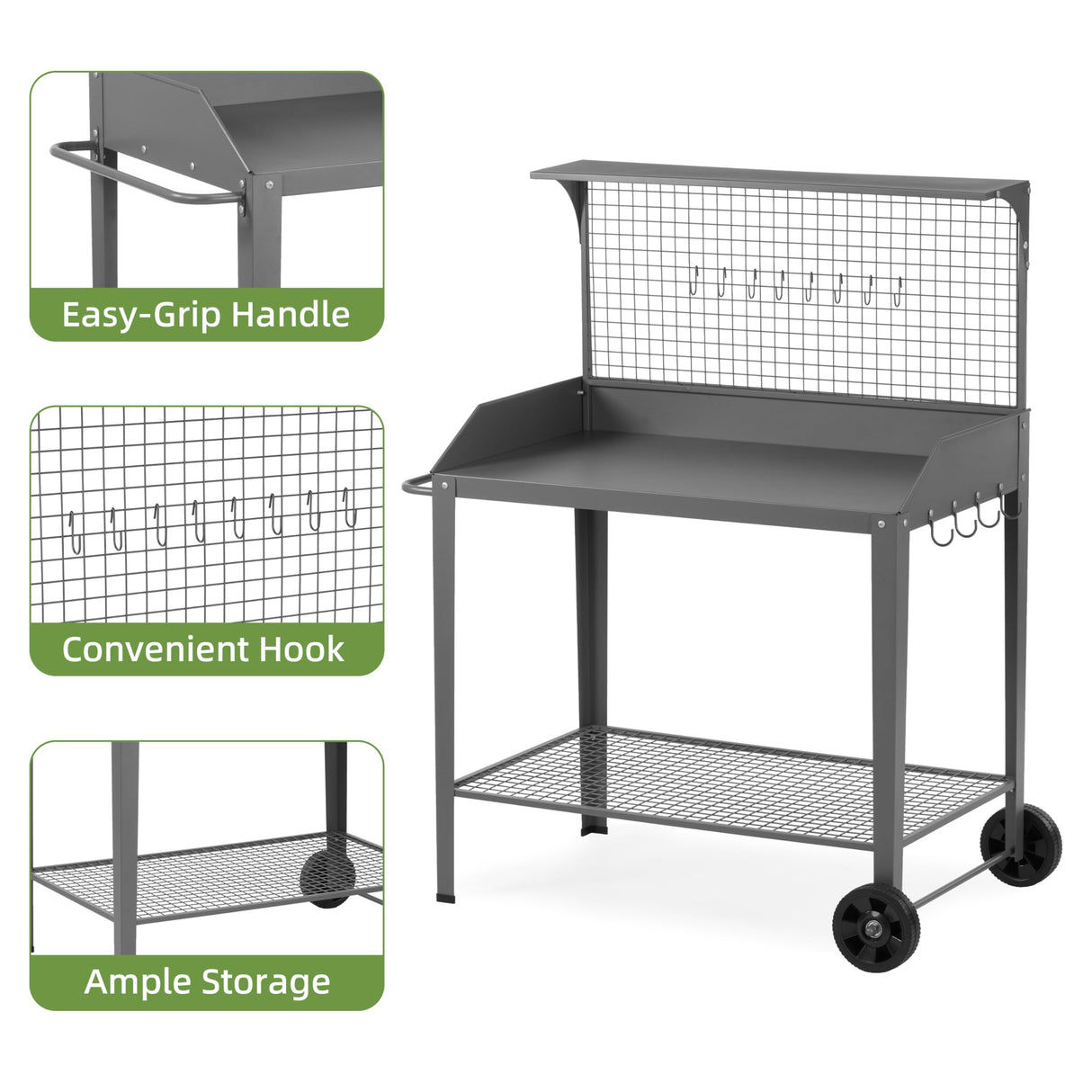 Outdoor Metal Potting Bench with Wheels, Heavy Duty Garden Workbench Table with Storage Shelf (Dark Gray, 52.8"x36.6") DDK